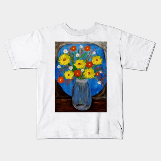 Flowers in a jar in a window at night Kids T-Shirt by kkartwork